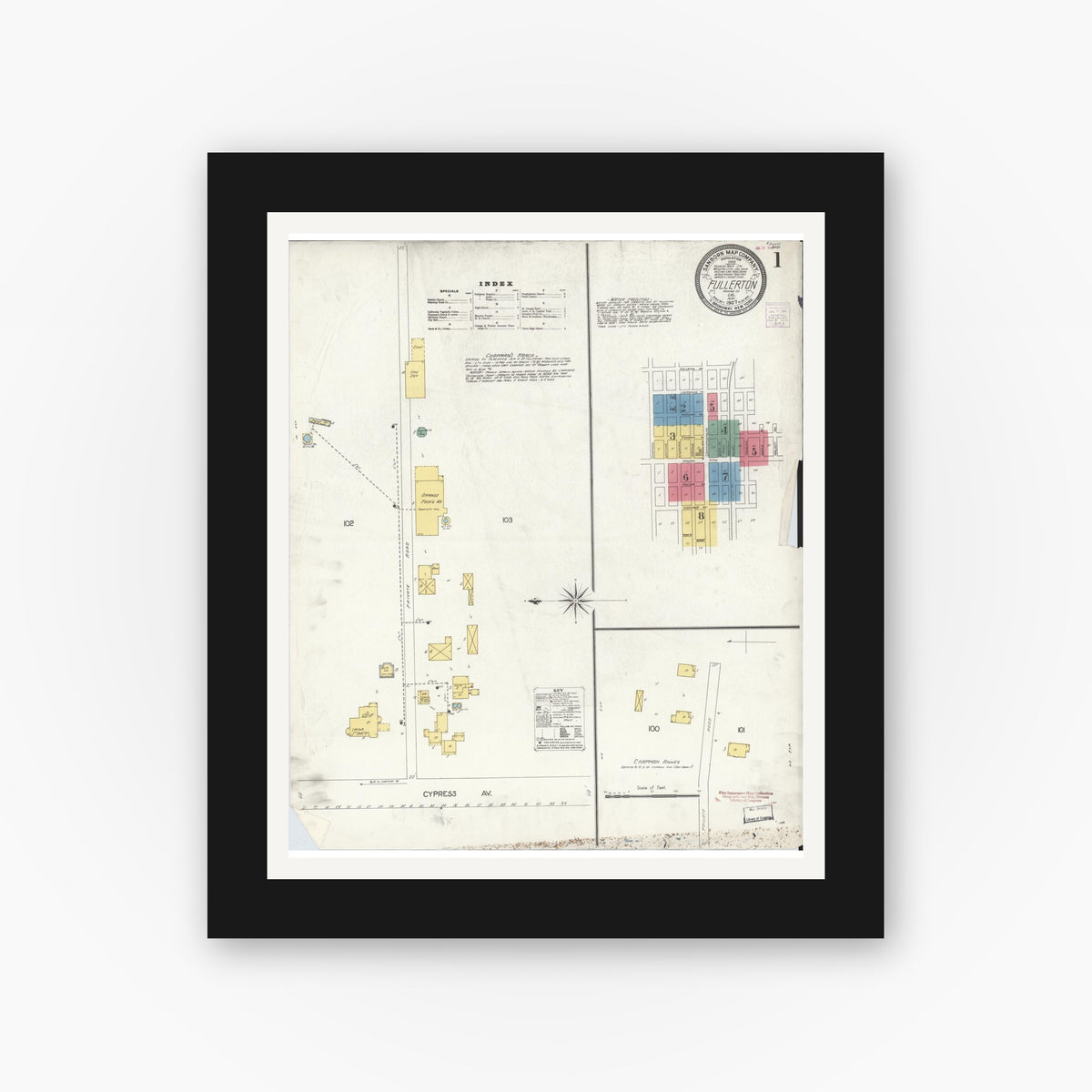 Old map wall art mockup — black gallery frame with white mat — Sanborn Fire Insurance Map from Fullerton, Orange County, California (1907), Sheet #0001