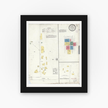 Old map wall art mockup — black gallery frame with white mat — Sanborn Fire Insurance Map from Fullerton, Orange County, California (1907), Sheet #0001