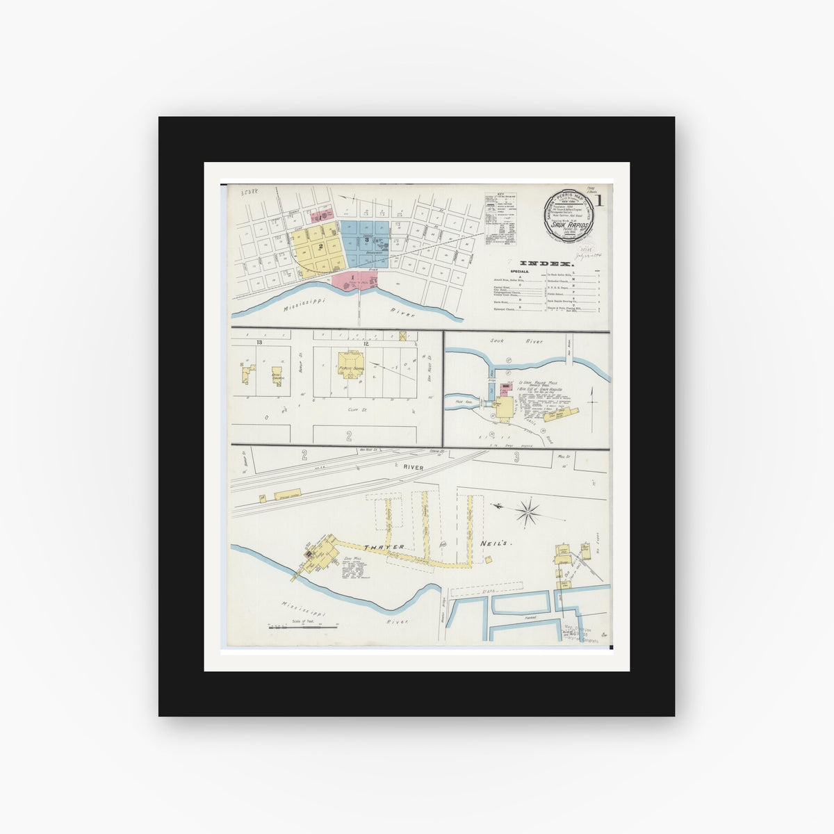 Old map wall art mockup — black gallery frame with white mat — Sanborn Fire Insurance Map from Sauk Rapids, Benton County, Minnesota (1894), Sheet #0001