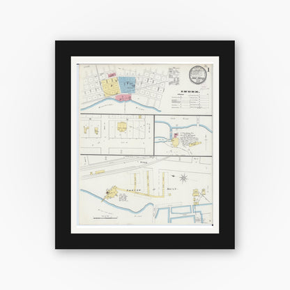 Old map wall art mockup — black gallery frame with white mat — Sanborn Fire Insurance Map from Sauk Rapids, Benton County, Minnesota (1894), Sheet #0001