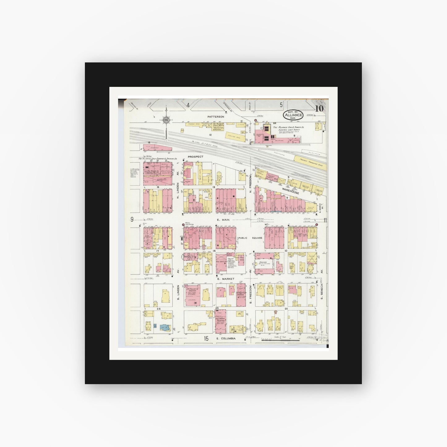 Old map wall art mockup — black gallery frame with white mat — Sanborn Fire Insurance Map from Alliance, Stark County, Ohio (1911), Sheet #0010