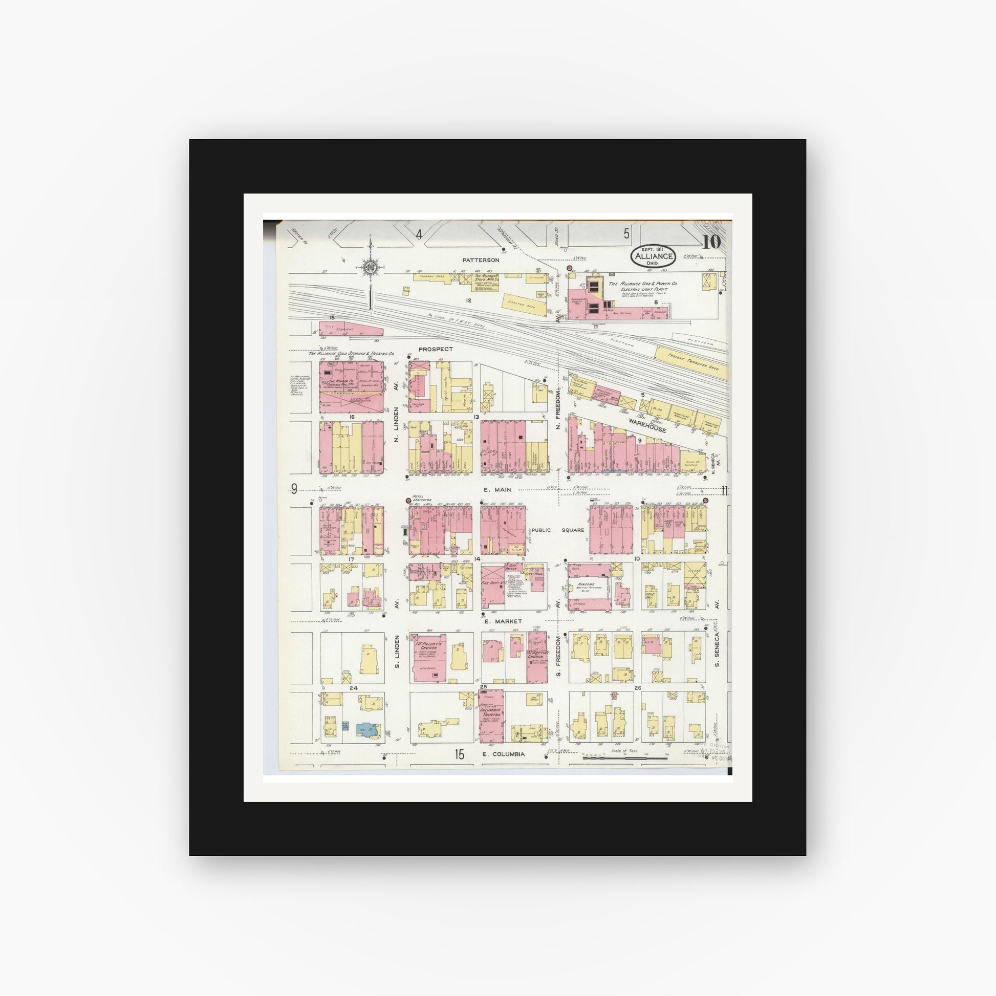 Old map wall art mockup — black gallery frame with white mat — Sanborn Fire Insurance Map from Alliance, Stark County, Ohio (1911), Sheet #0010