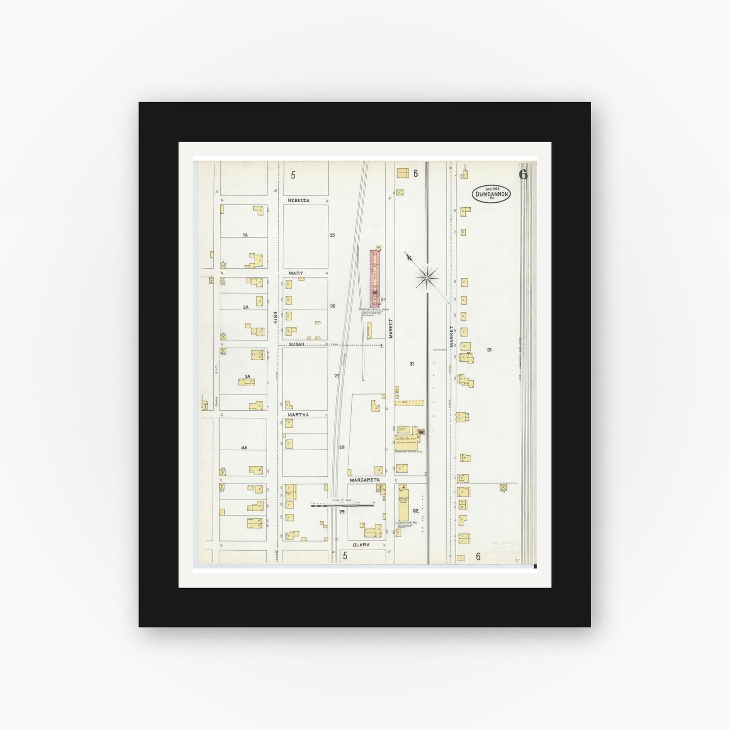 Old map wall art mockup — black gallery frame with white mat — Sanborn Fire Insurance Map from Duncannon, Perry County, Pennsylvania (1904), Sheet #0006