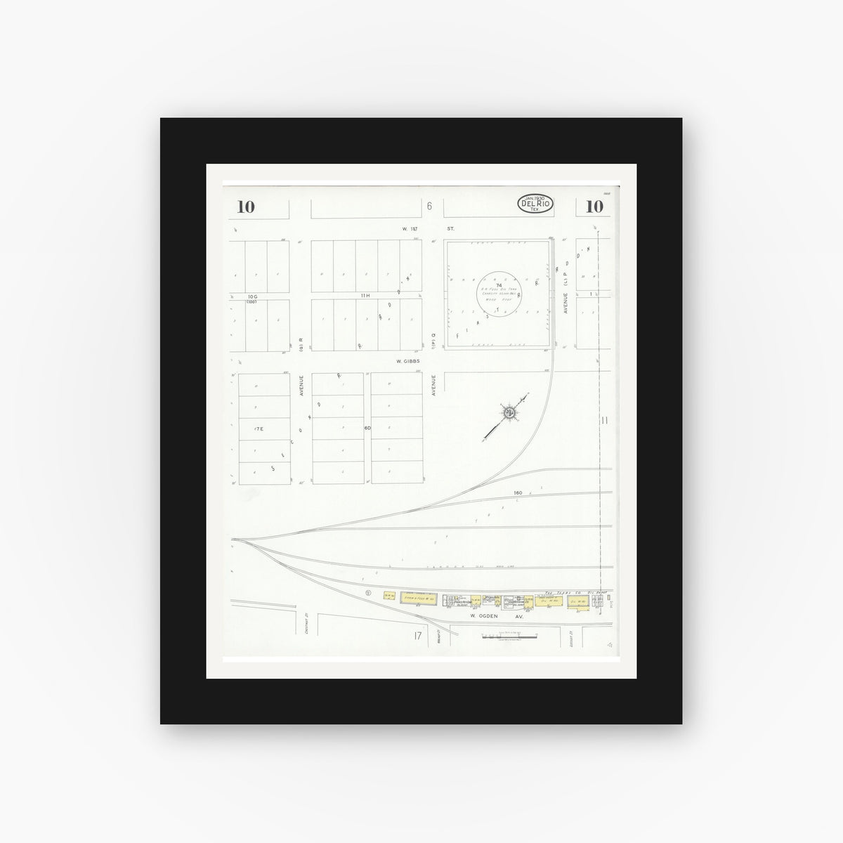 Old map wall art mockup — black gallery frame with white mat — Sanborn Fire Insurance Map from Del Rio, Val Verde County, Texas (1930), Sheet #0010