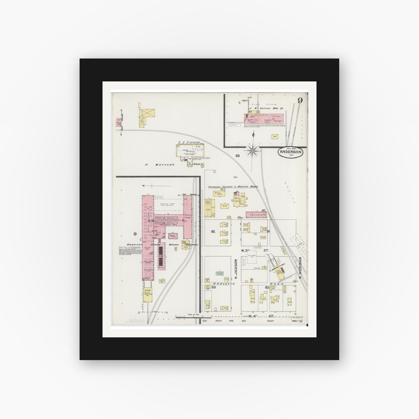 Old map wall art mockup — black gallery frame with white mat — Sanborn Fire Insurance Map from Anderson, Madison County, Indiana (1890), Sheet #0009