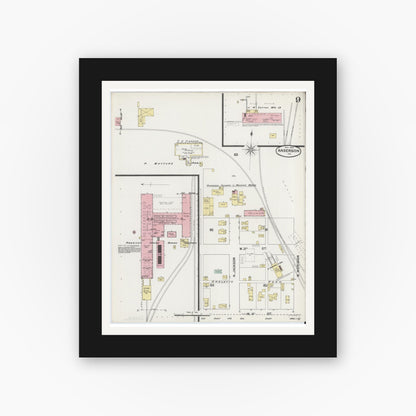 Old map wall art mockup — black gallery frame with white mat — Sanborn Fire Insurance Map from Anderson, Madison County, Indiana (1890), Sheet #0009