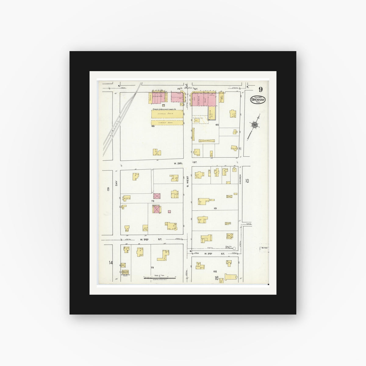 Old map wall art mockup — black gallery frame with white mat — Sanborn Fire Insurance Map from Brenham, Washington County, Texas (1920), Sheet #0009