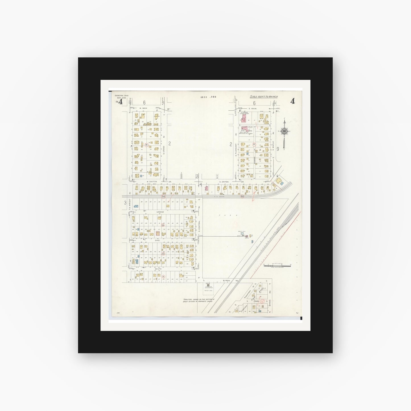 Old map wall art mockup — black gallery frame with white mat — Sanborn Fire Insurance Map from Osborn, Greene County, Ohio (1943), Sheet #0004