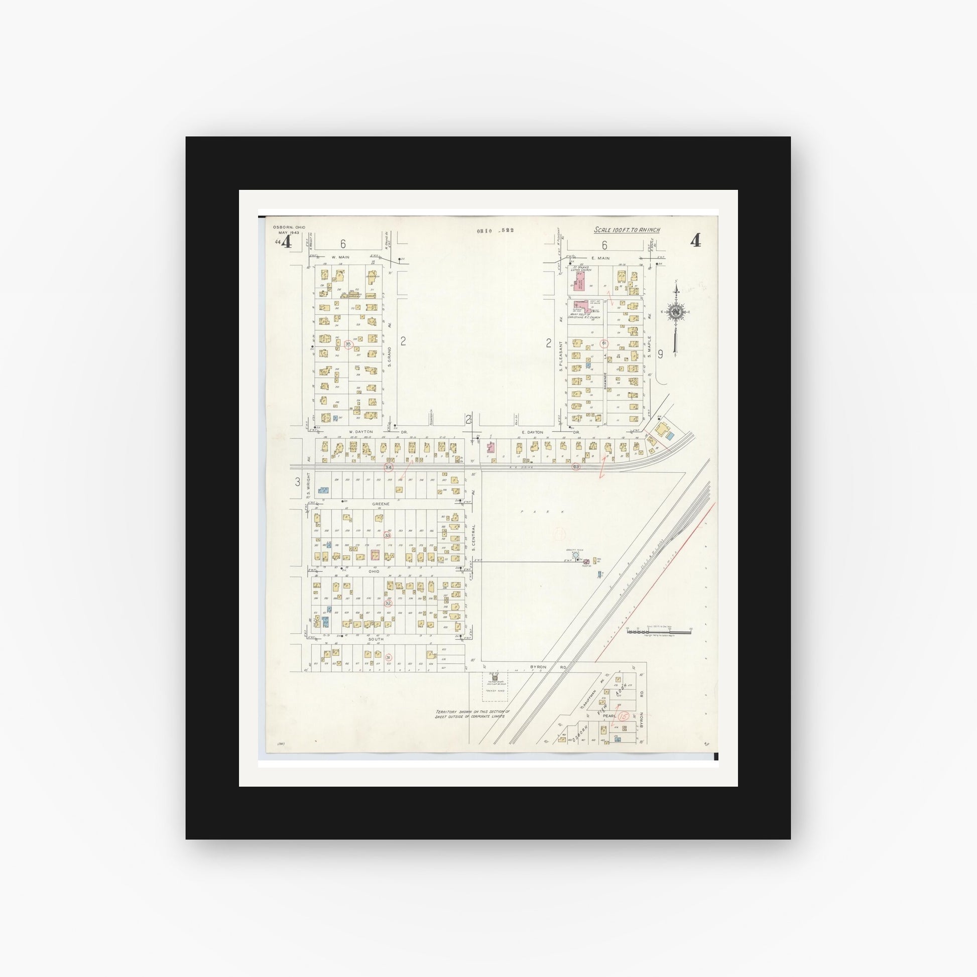 Old map wall art mockup — black gallery frame with white mat — Sanborn Fire Insurance Map from Osborn, Greene County, Ohio (1943), Sheet #0004