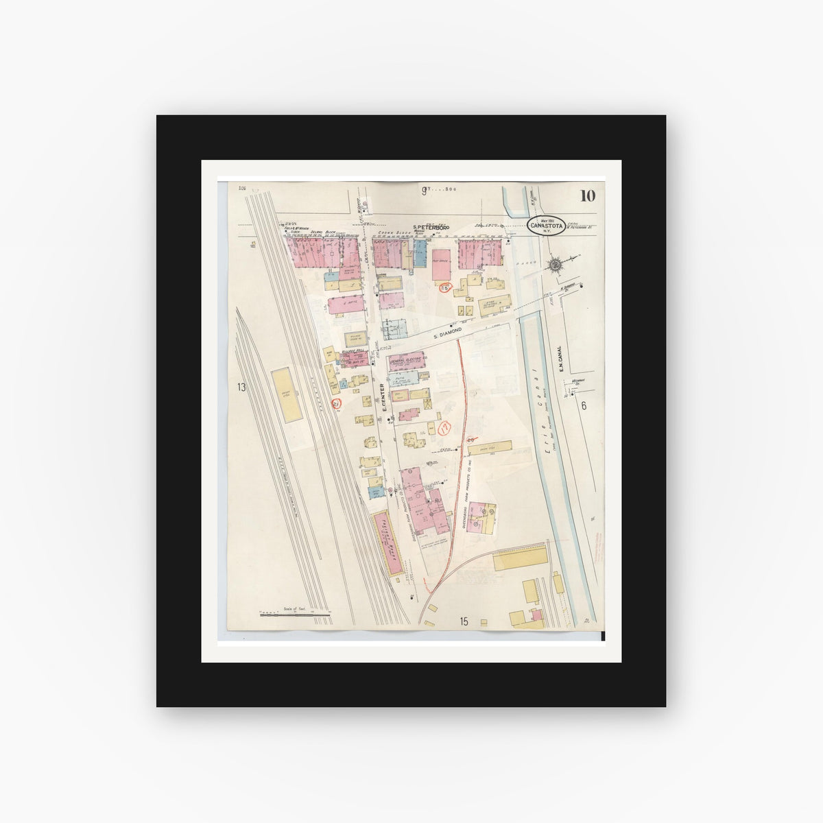 Old map wall art mockup — black gallery frame with white mat — Sanborn Fire Insurance Map from Canastota, Madison County, New York (1959), Sheet #0010