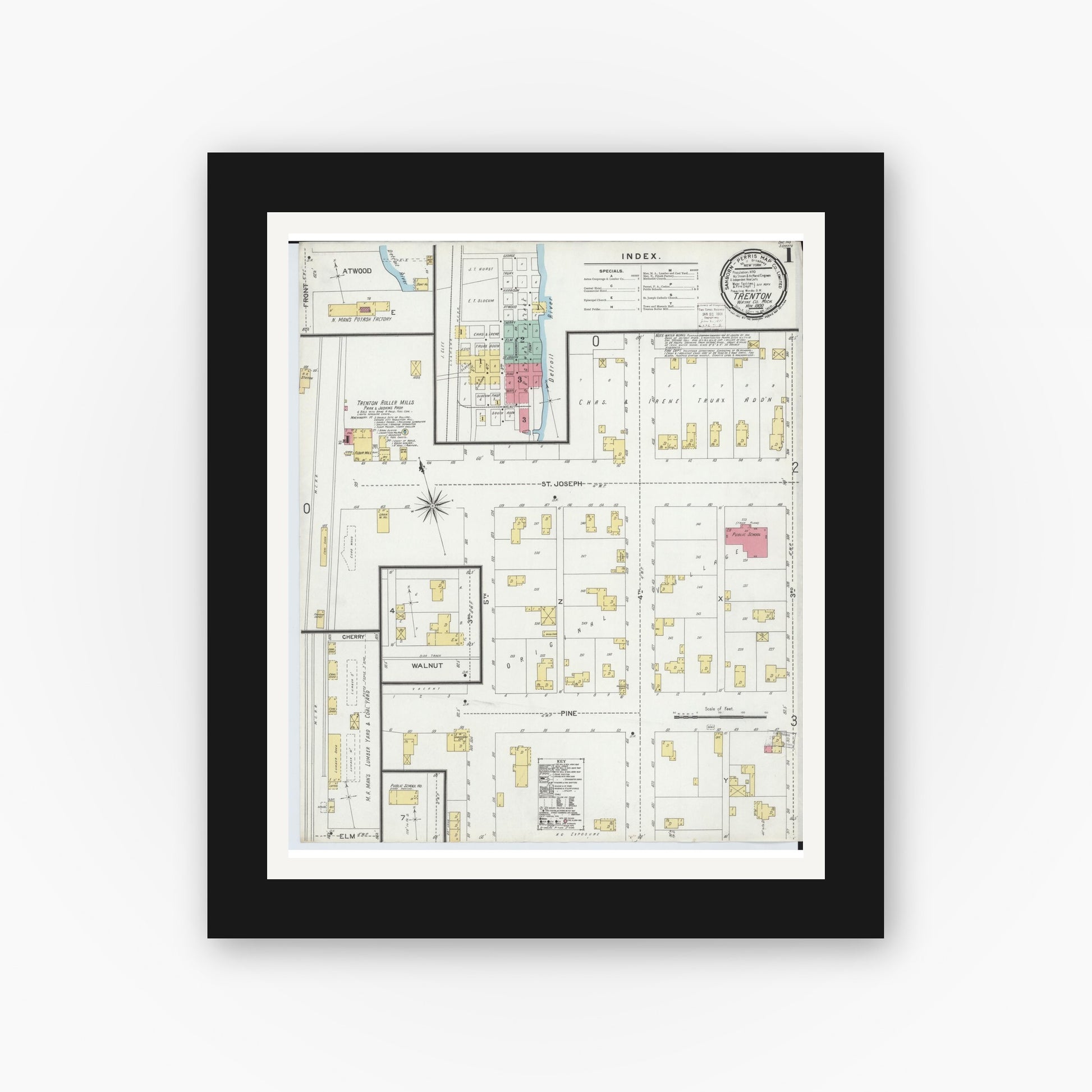 Old map wall art mockup — black gallery frame with white mat — Sanborn Fire Insurance Map from Trenton, Wayne County, Michigan (1900) - Complete Map Set