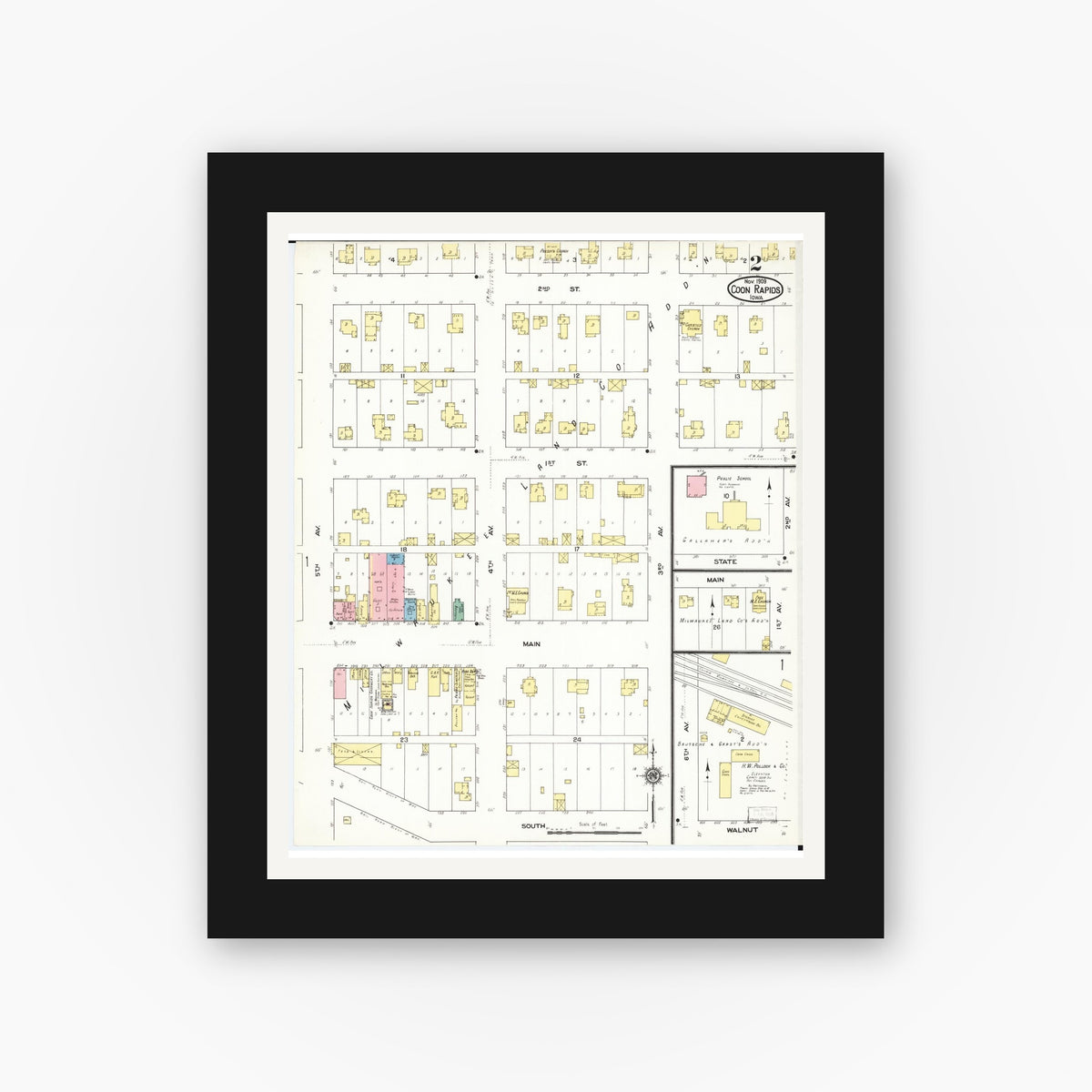 Old map wall art mockup — black gallery frame with white mat — Sanborn Fire Insurance Map from Coon Rapids, Carroll County, Iowa (1909), Sheet #0002
