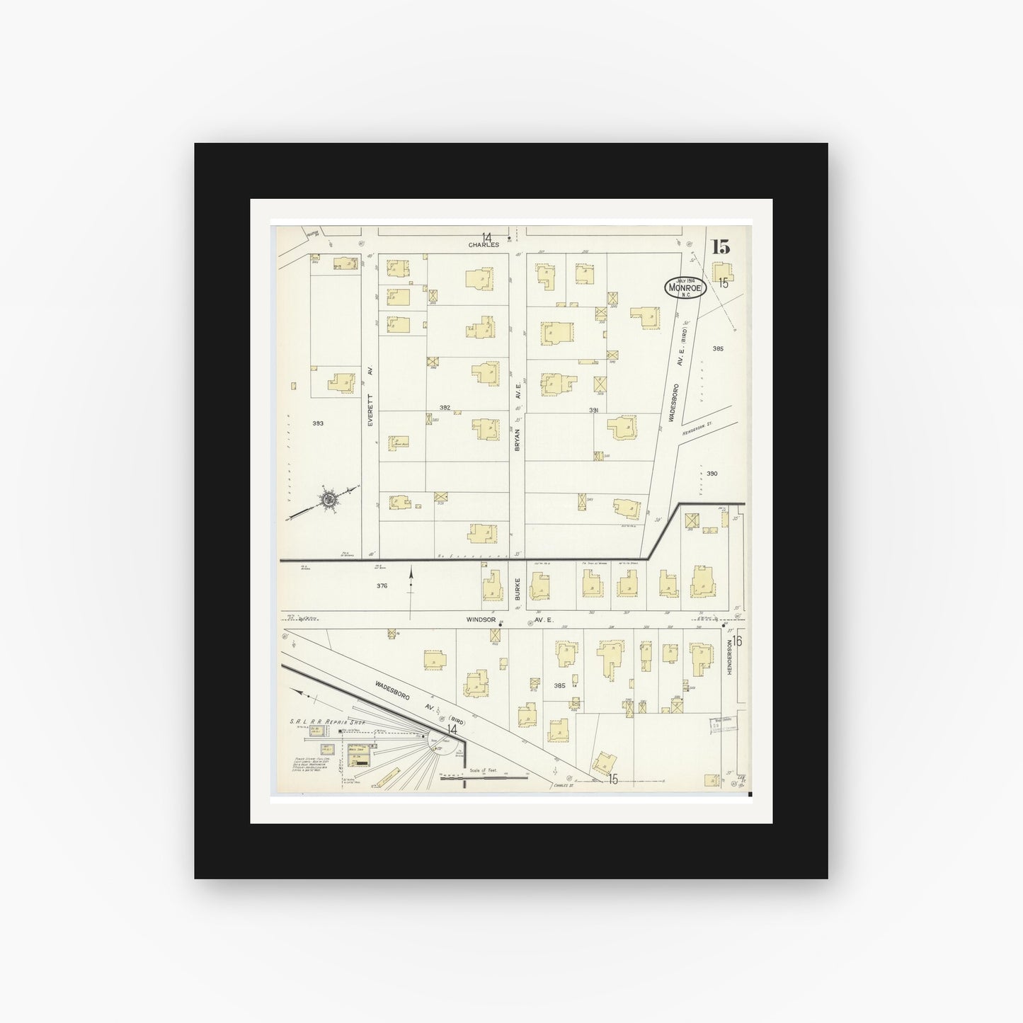 Old map wall art mockup — black gallery frame with white mat — Sanborn Fire Insurance Map from Monroe, Union County, North Carolina (1914), Sheet #0015