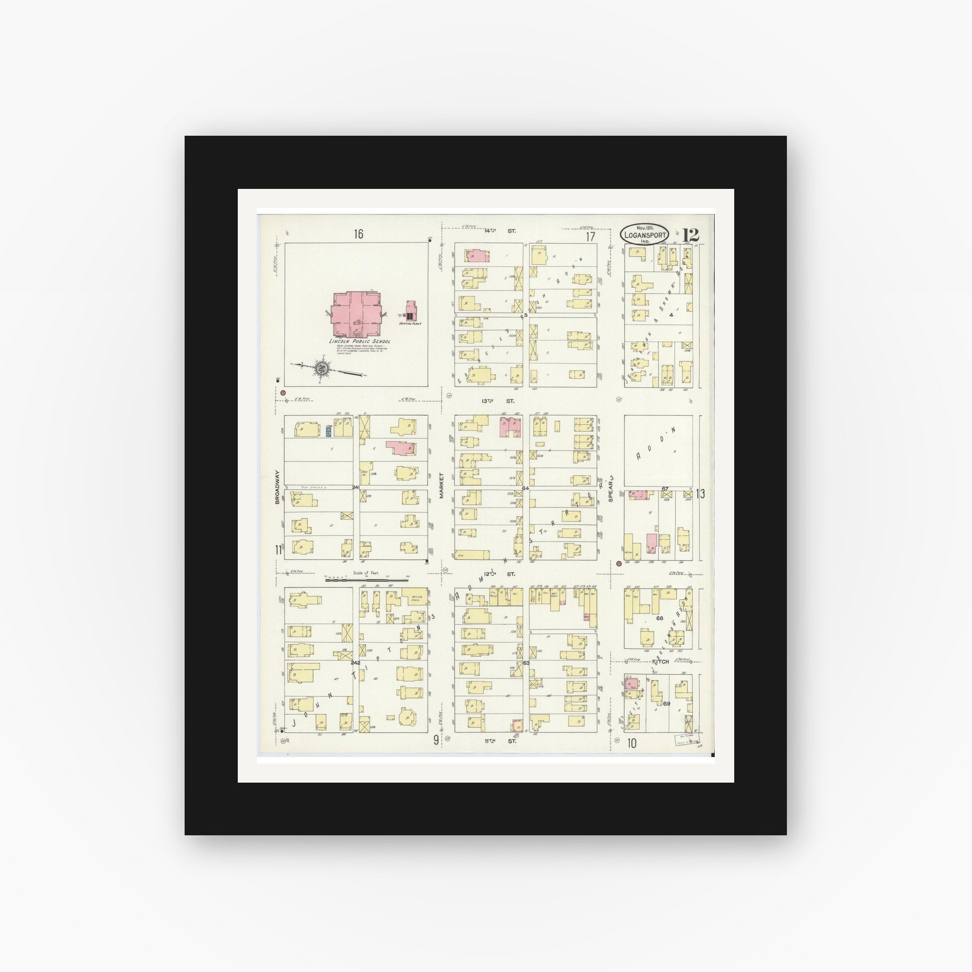 Old map wall art mockup — black gallery frame with white mat — Sanborn Fire Insurance Map from Logansport, Cass County, Indiana (1911), Sheet #0012