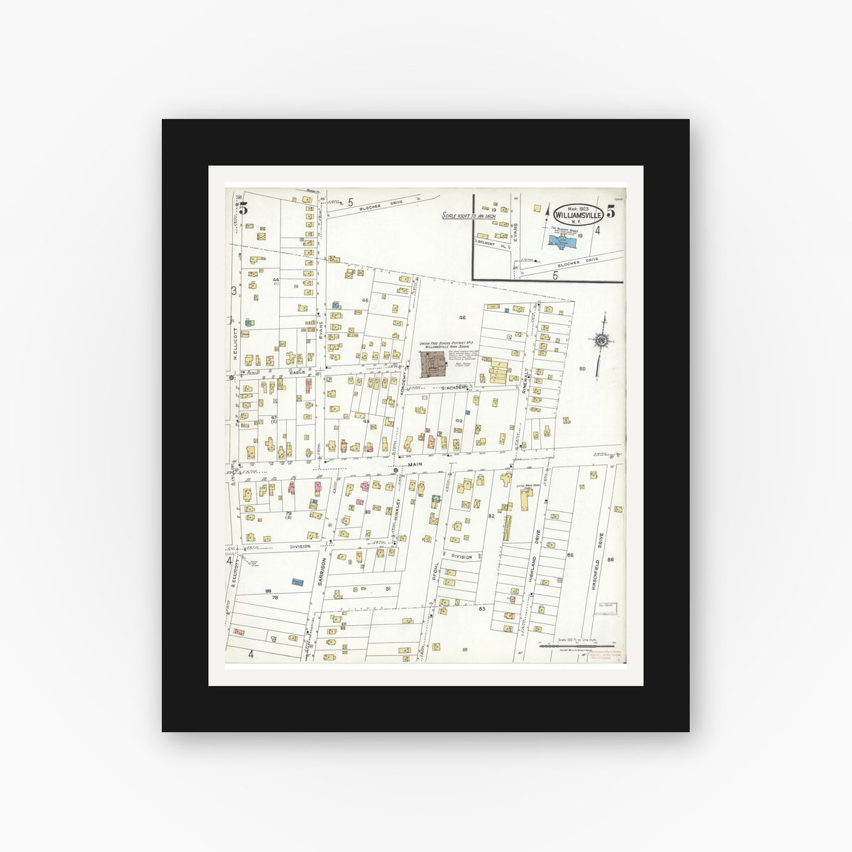 Old map wall art mockup — black gallery frame with white mat — Sanborn Fire Insurance Map from Williamsville, Erie County, New York (1923), Sheet #0005