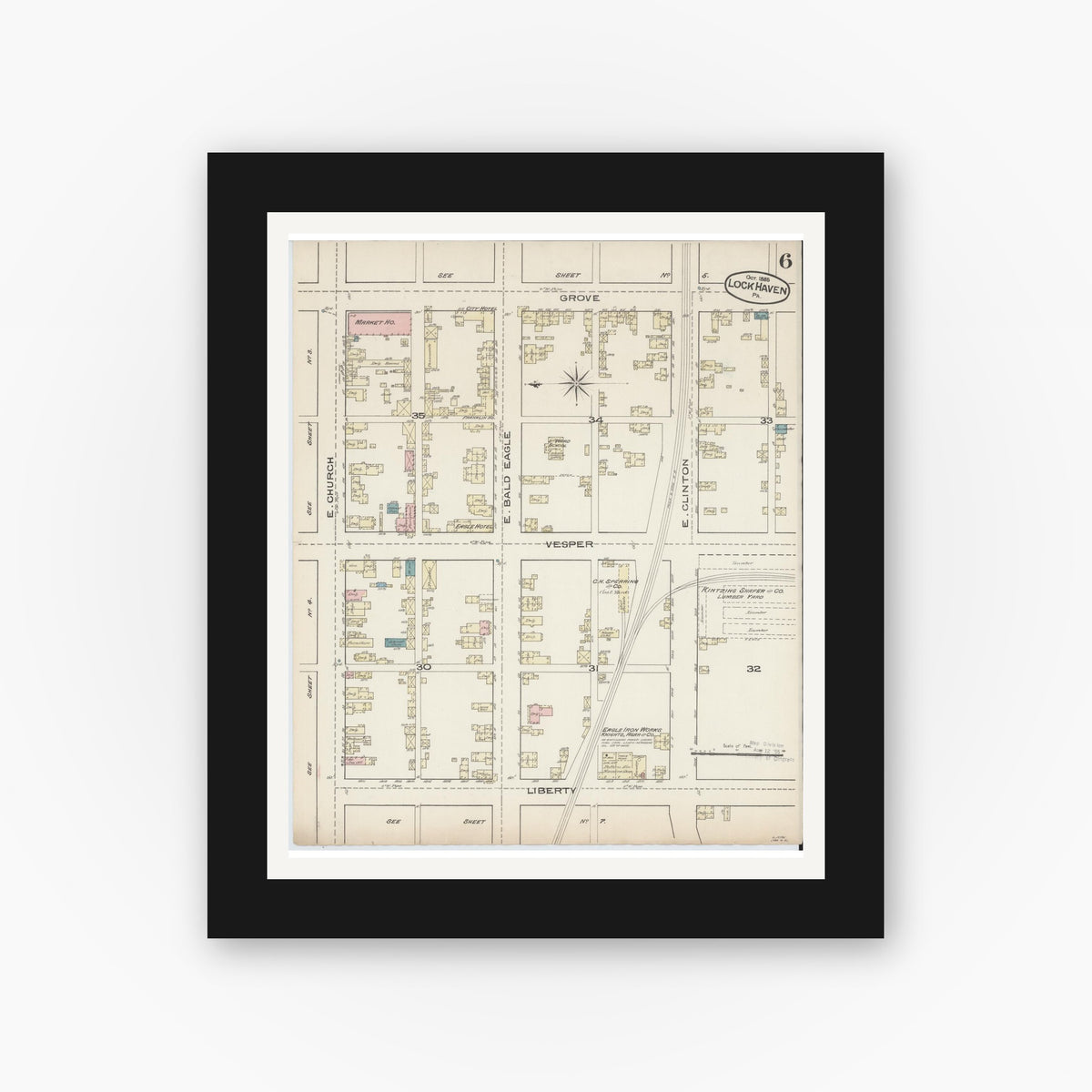 Old map wall art mockup — black gallery frame with white mat — Sanborn Fire Insurance Map from Lock Haven, Clinton County, Pennsylvania (1885), Sheet #0006