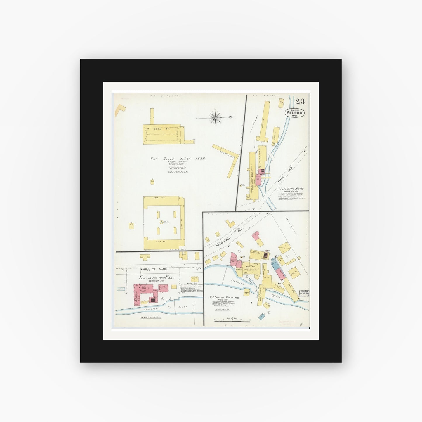 Old map wall art mockup — black gallery frame with white mat — Sanborn Fire Insurance Map from Pittsfield, Berkshire County, Massachusetts (1900), Sheet #0023