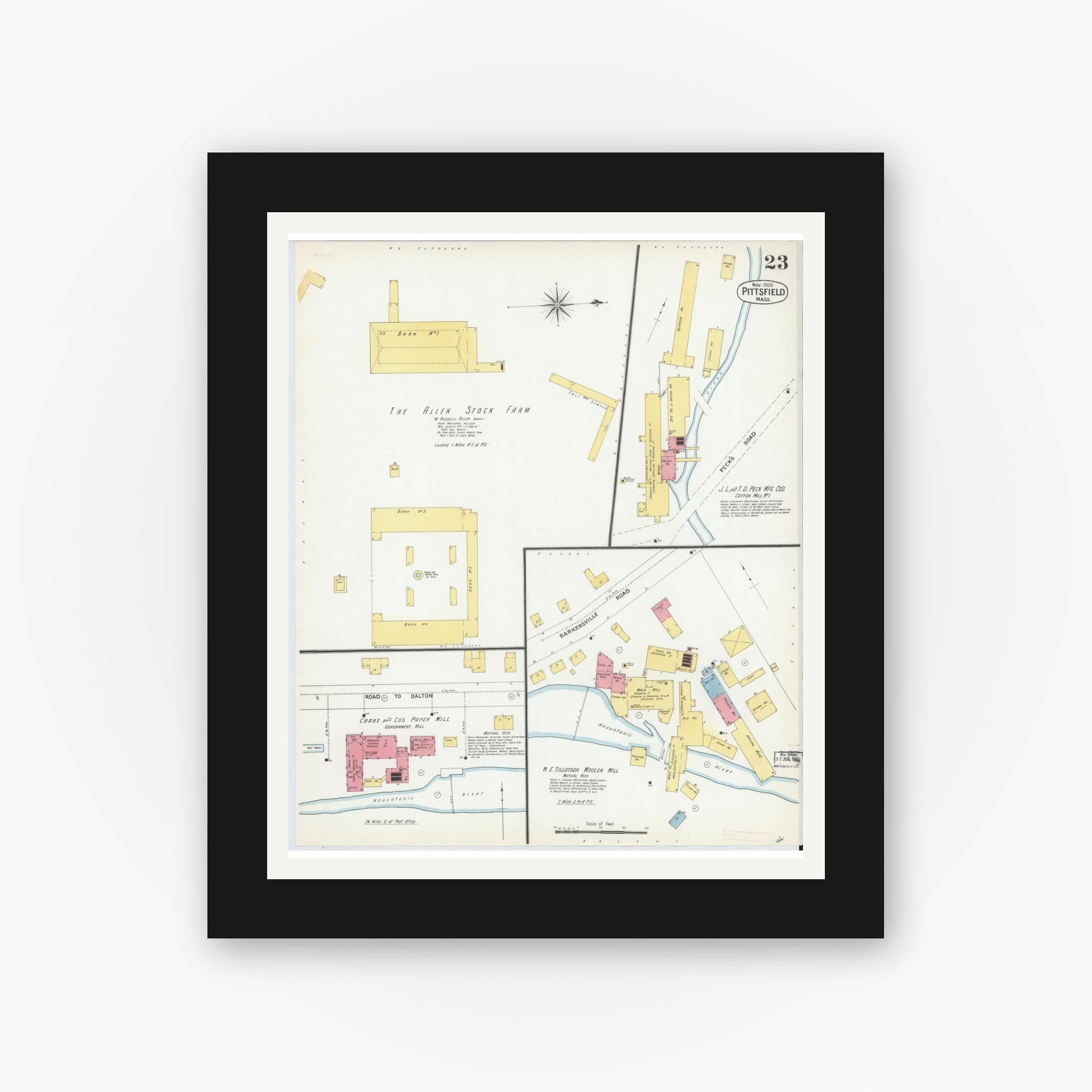 Old map wall art mockup — black gallery frame with white mat — Sanborn Fire Insurance Map from Pittsfield, Berkshire County, Massachusetts (1900), Sheet #0023