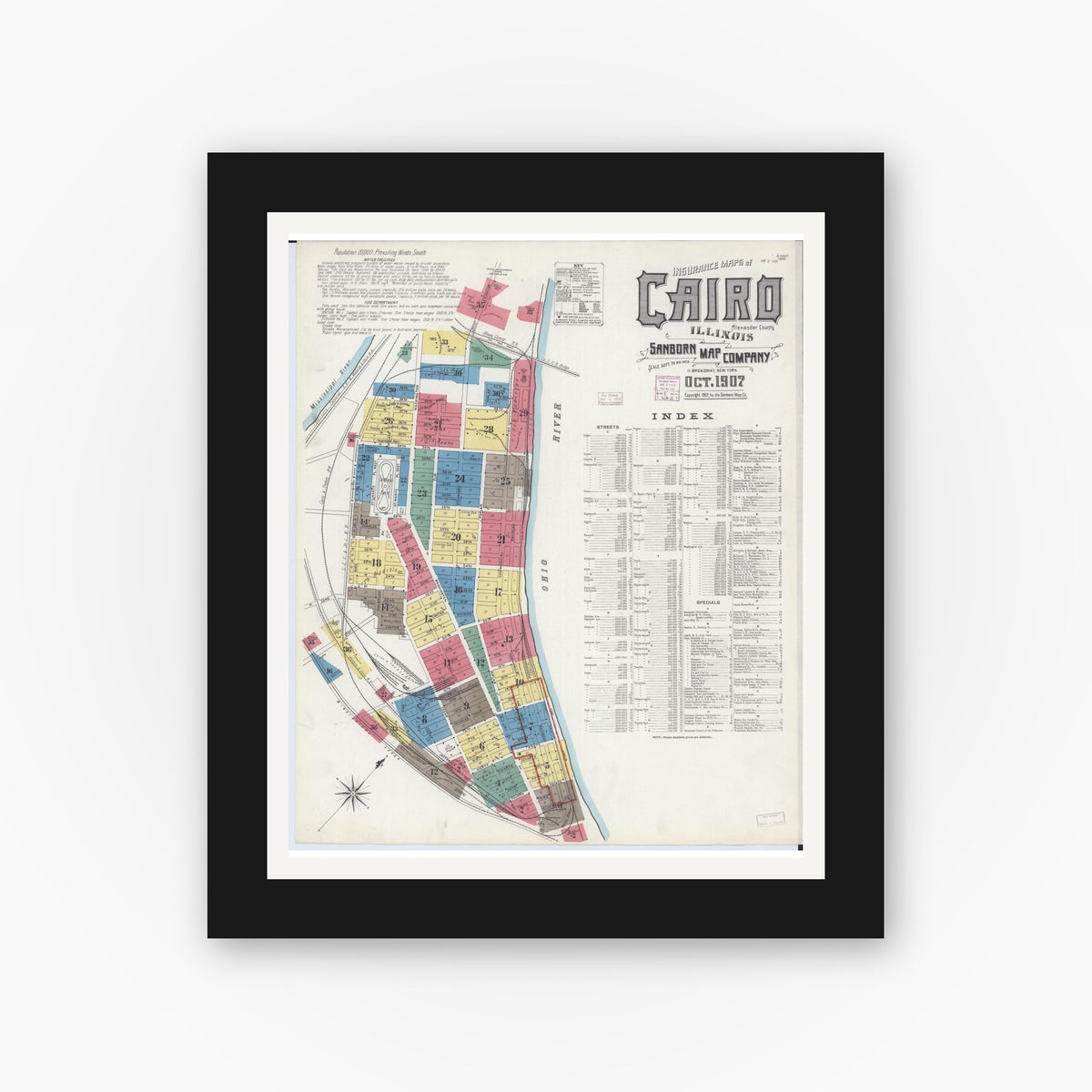 Old map wall art mockup — black gallery frame with white mat — Sanborn Fire Insurance Map from Cairo, Alexander County, Illinois (1907) - Complete Map Set