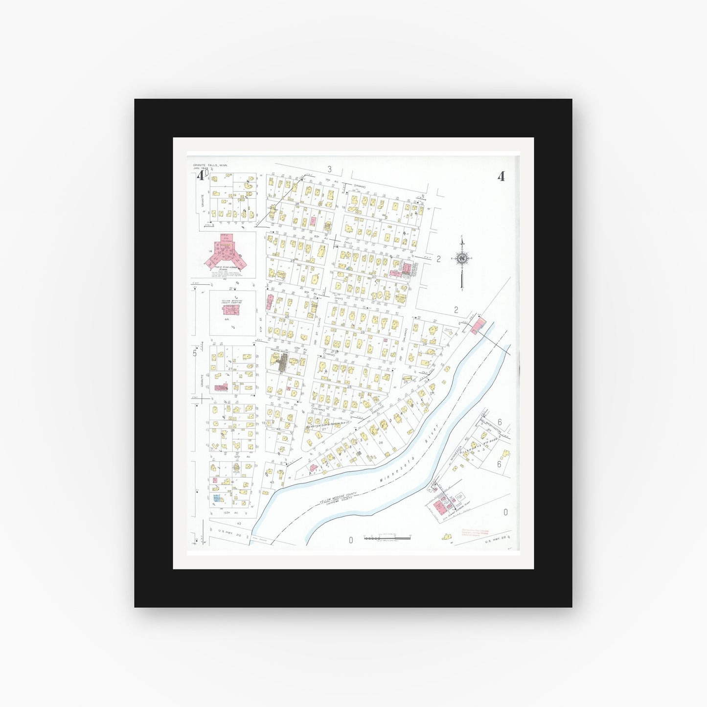 Old map wall art mockup — black gallery frame with white mat — Sanborn Fire Insurance Map from Granite Falls, Yellow Medicine And Chippewa Counties, Minnesota (1949), Sheet #0004