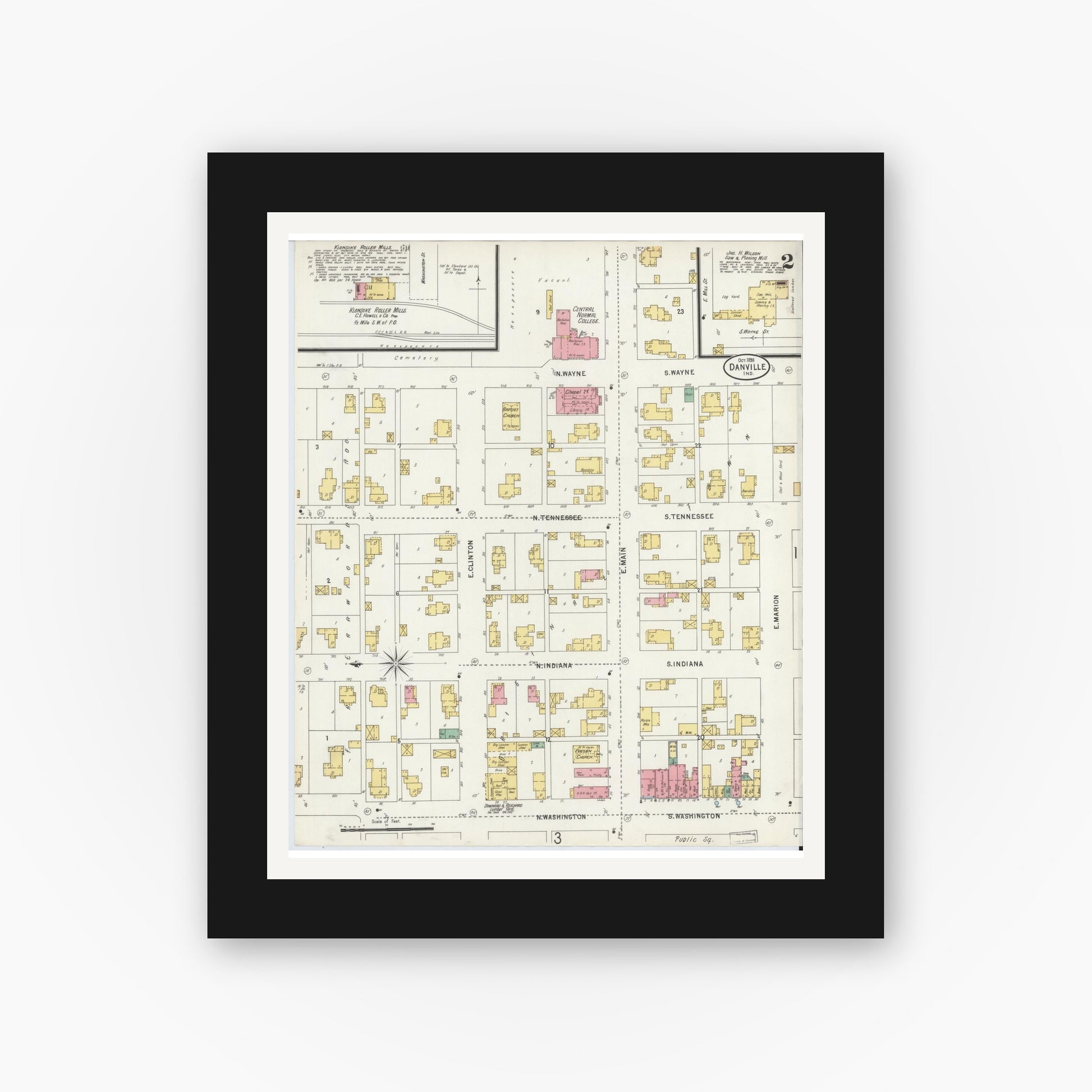 Old map wall art mockup — black gallery frame with white mat — Sanborn Fire Insurance Map from Danville, Hendricks County, Indiana (1898), Sheet #0002