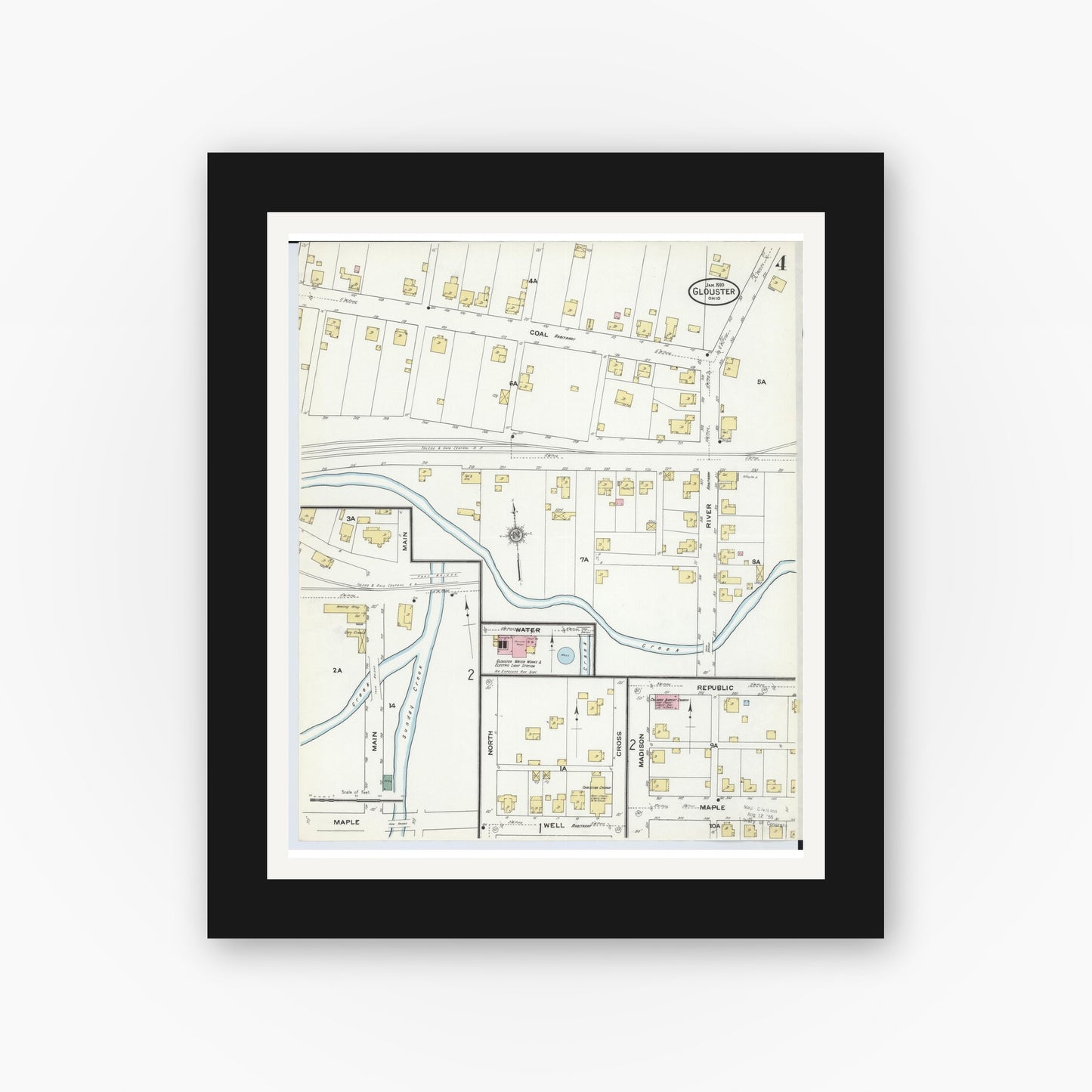 Old map wall art mockup — black gallery frame with white mat — Sanborn Fire Insurance Map from Glouster, Athens County, Ohio (1910), Sheet #0004