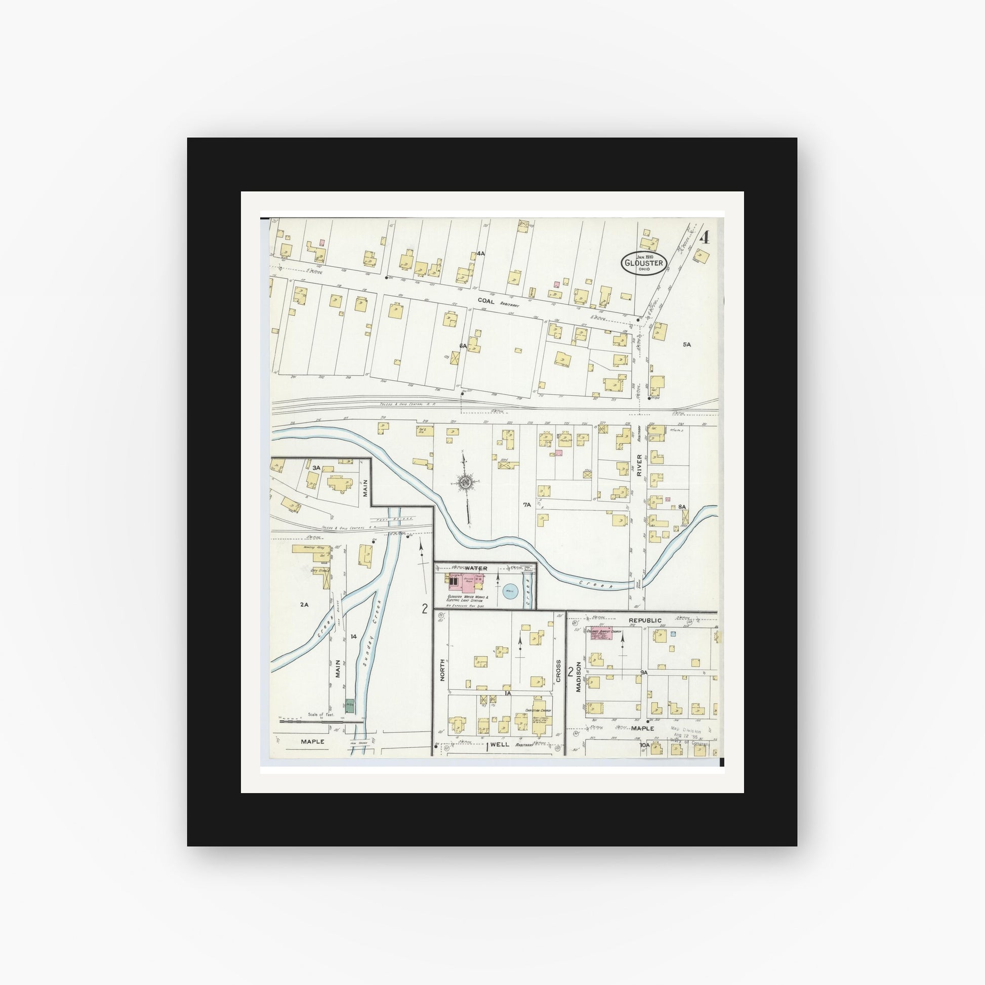 Old map wall art mockup — black gallery frame with white mat — Sanborn Fire Insurance Map from Glouster, Athens County, Ohio (1910), Sheet #0004