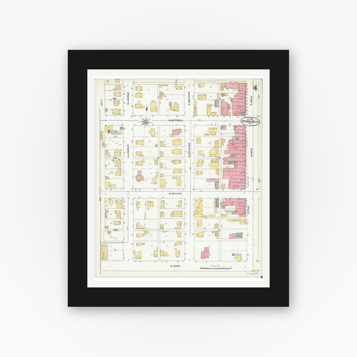 Old map wall art mockup — black gallery frame with white mat — Sanborn Fire Insurance Map from Kendallville, Noble County, Indiana (1904), Sheet #0004