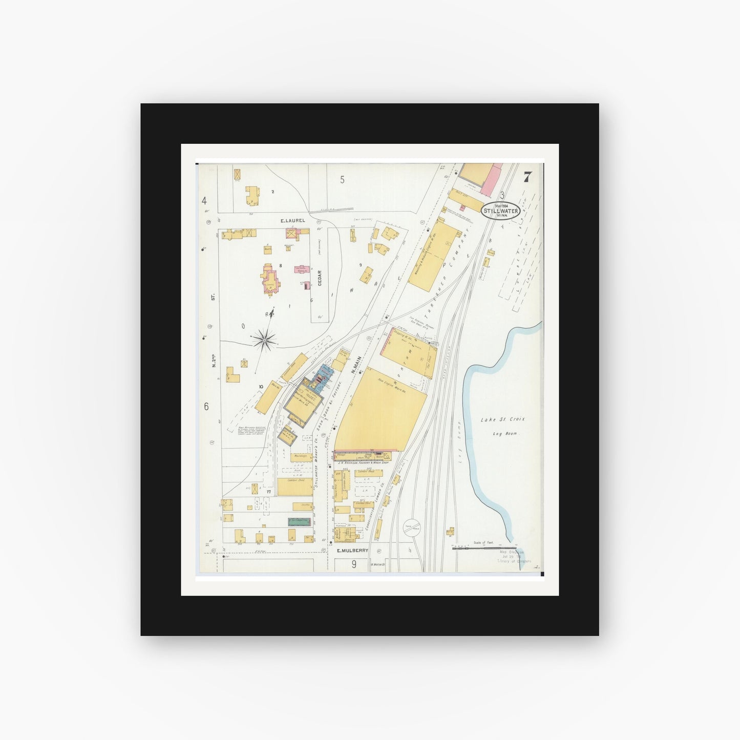 Old map wall art mockup — black gallery frame with white mat — Sanborn Fire Insurance Map from Stillwater, Washington County, Minnesota (1904), Sheet #0007