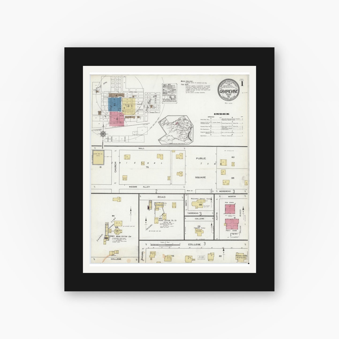 Old map wall art mockup — black gallery frame with white mat — Sanborn Fire Insurance Map from Grapevine, Tarrant County, Texas (1921) - Complete Map Set