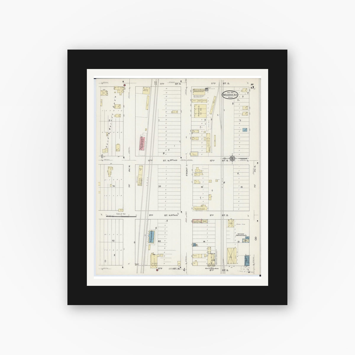 Old map wall art mockup — black gallery frame with white mat — Sanborn Fire Insurance Map from Moorhead, Clay County, Minnesota (1914), Sheet #0005