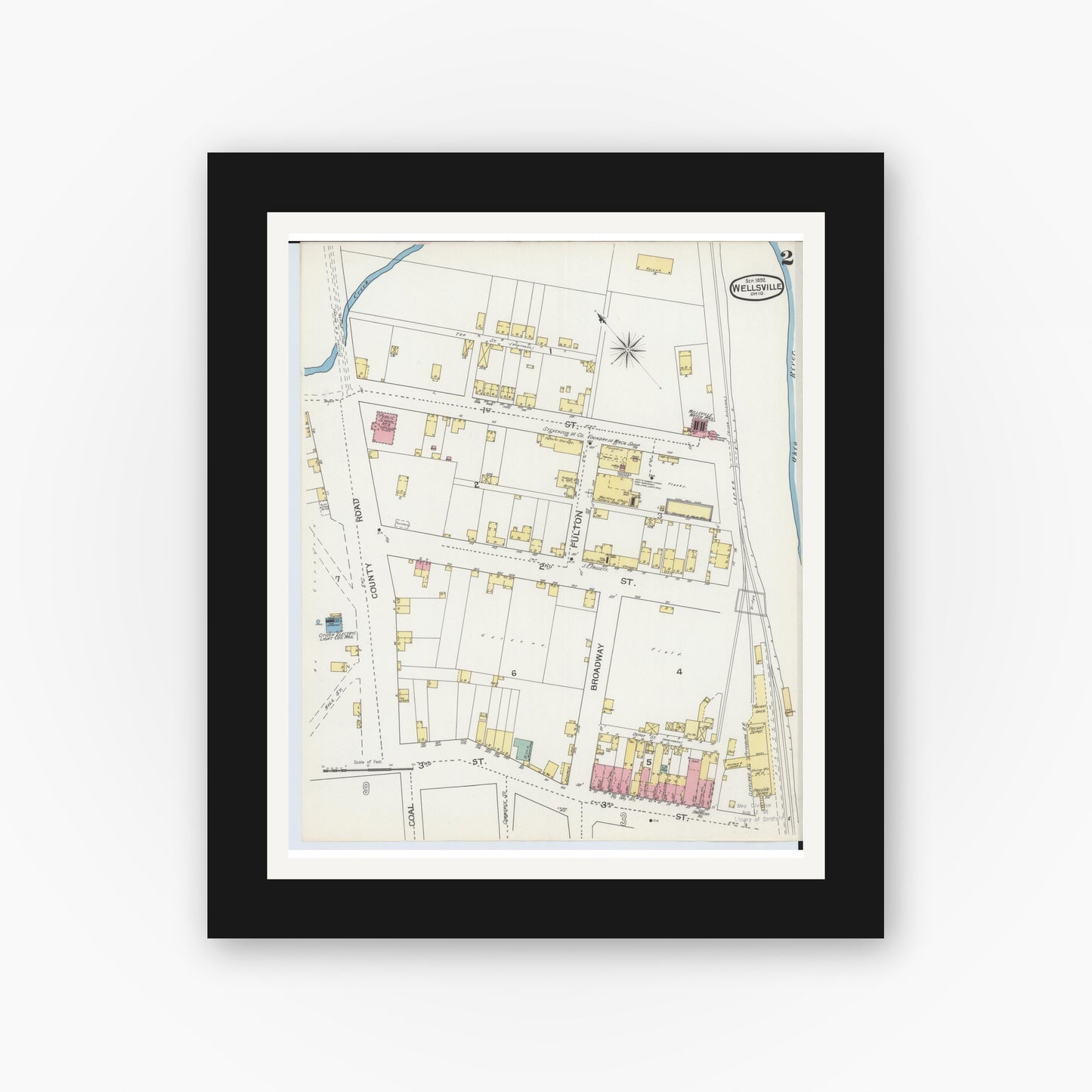 Old map wall art mockup — black gallery frame with white mat — Sanborn Fire Insurance Map from Wellsville, Columbiana County, Ohio (1892), Sheet #0002