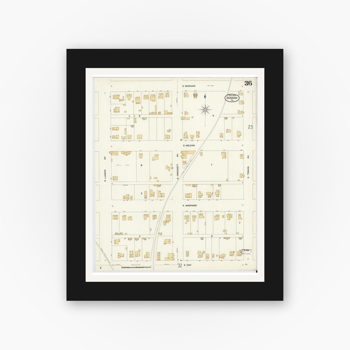 Old map wall art mockup — black gallery frame with white mat — Sanborn Fire Insurance Map from Denison, Grayson County, Texas (1908), Sheet #0036