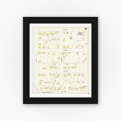 Old map wall art mockup — black gallery frame with white mat — Sanborn Fire Insurance Map from Denison, Grayson County, Texas (1908), Sheet #0036