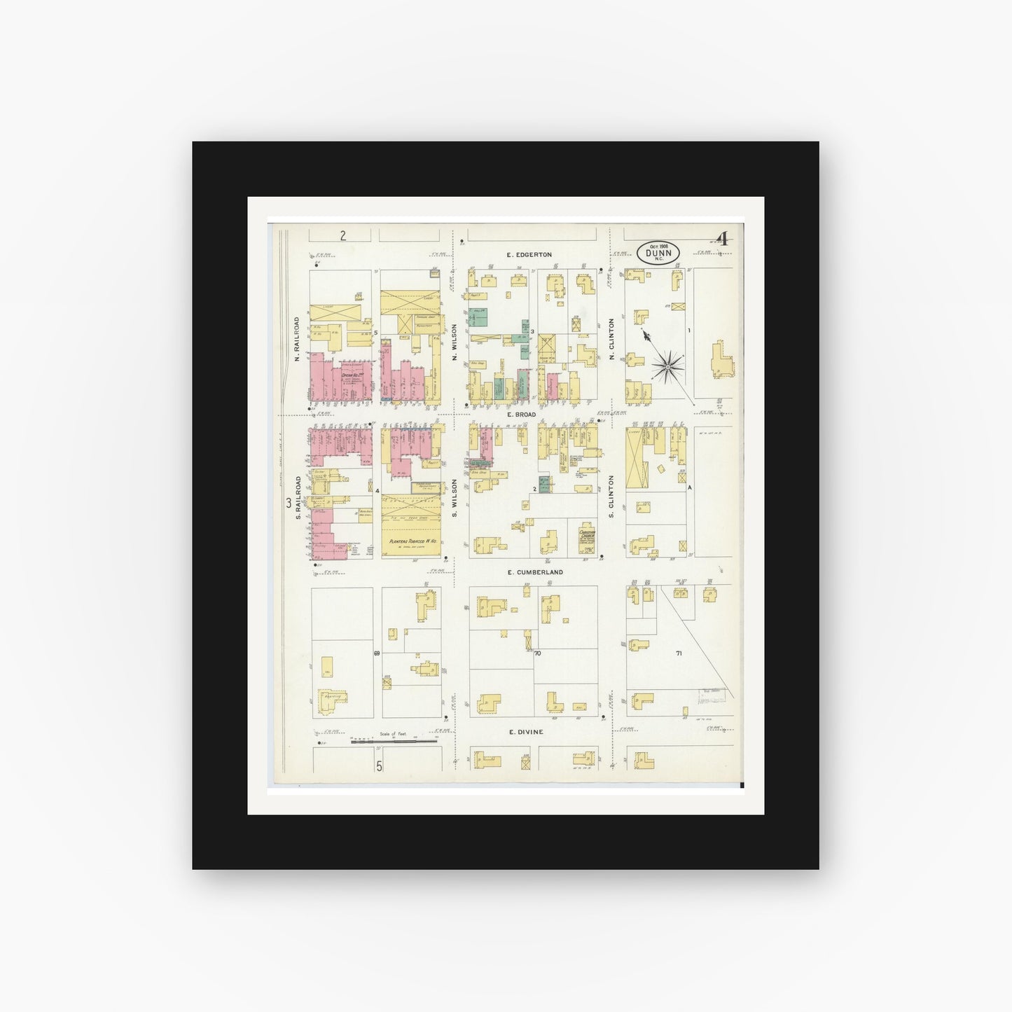 Old map wall art mockup — black gallery frame with white mat — Sanborn Fire Insurance Map from Dunn, Harnett County, North Carolina (1908), Sheet #0004