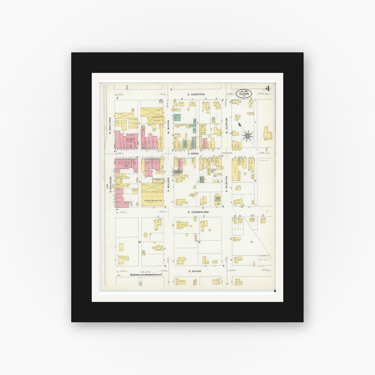 Old map wall art mockup — black gallery frame with white mat — Sanborn Fire Insurance Map from Dunn, Harnett County, North Carolina (1908), Sheet #0004