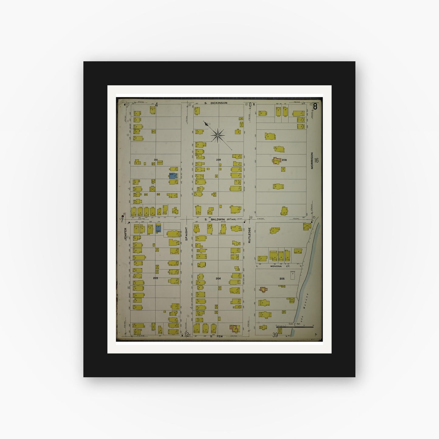 Old map wall art mockup — black gallery frame with white mat — Sanborn Fire Insurance Map from Madison, Dane County, Wisconsin (1908), Sheet #0008