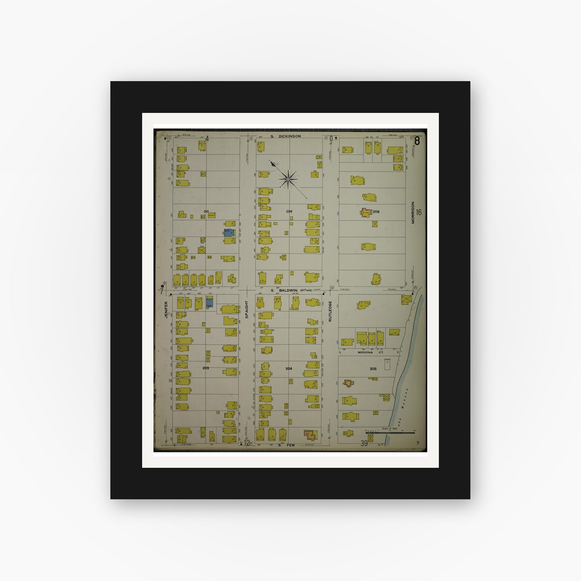 Old map wall art mockup — black gallery frame with white mat — Sanborn Fire Insurance Map from Madison, Dane County, Wisconsin (1908), Sheet #0008