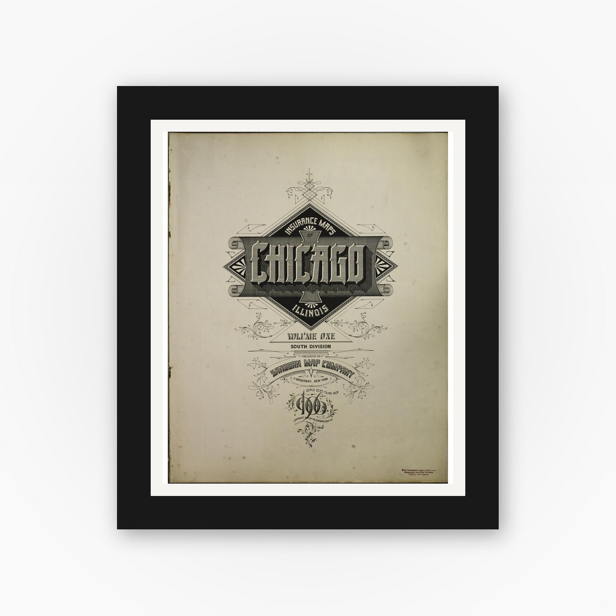 Old map wall art mockup — black gallery frame with white mat — Sanborn Fire Insurance Map from Chicago, Cook County, Illinois (1906), Sheet #0001