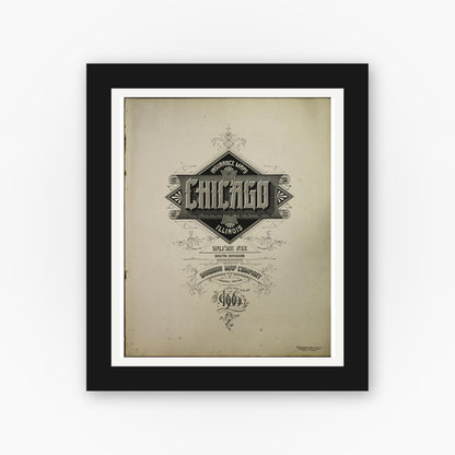Old map wall art mockup — black gallery frame with white mat — Sanborn Fire Insurance Map from Chicago, Cook County, Illinois (1906), Sheet #0001