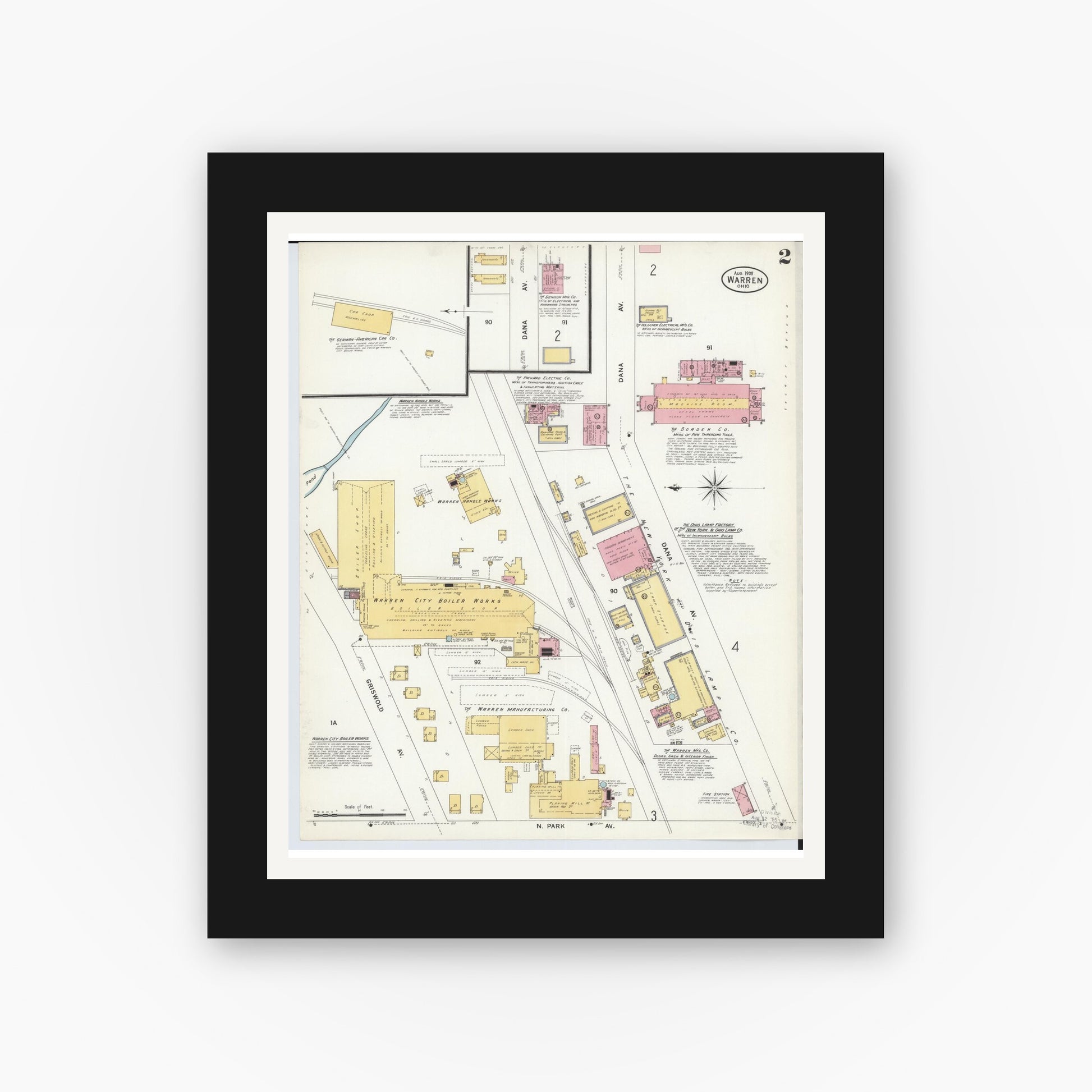 Old map wall art mockup — black gallery frame with white mat — Sanborn Fire Insurance Map from Warren, Trumbull County, Ohio (1908), Sheet #0002