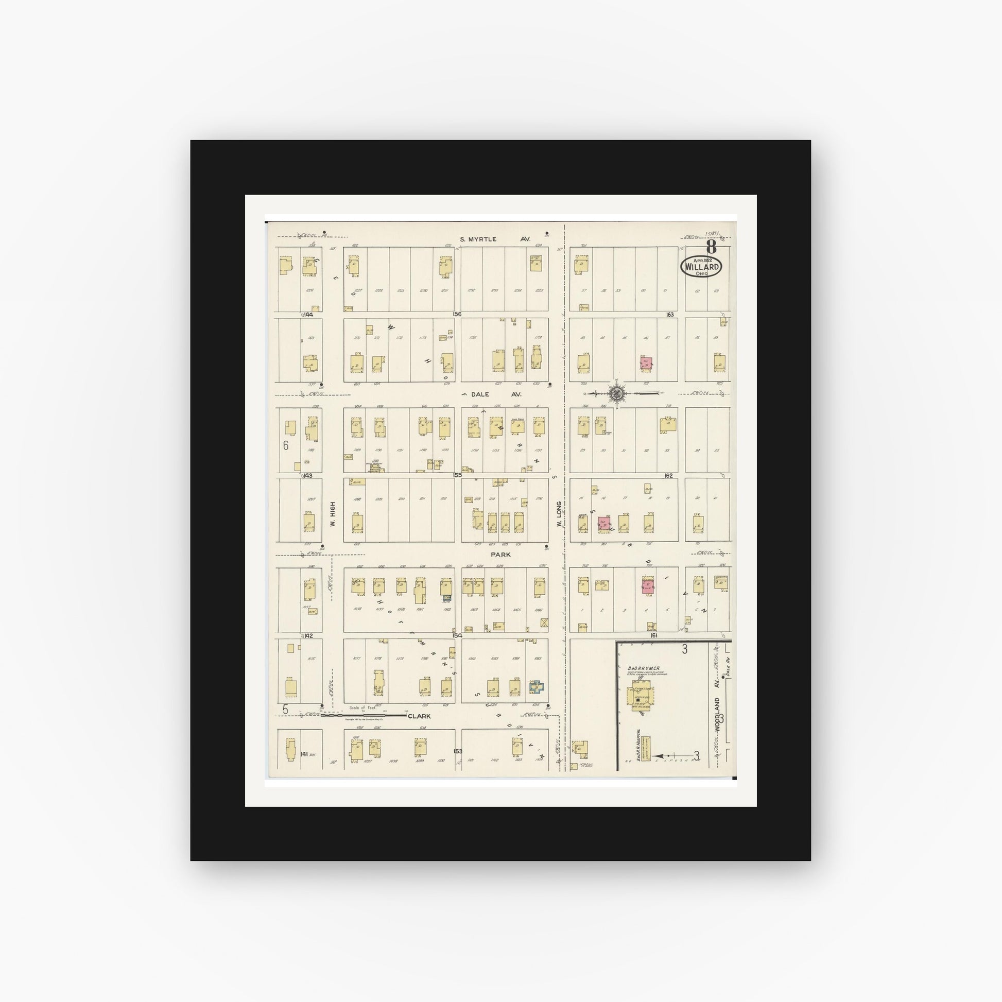 Old map wall art mockup — black gallery frame with white mat — Sanborn Fire Insurance Map from Willard, Huron County, Ohio (1922), Sheet #0008