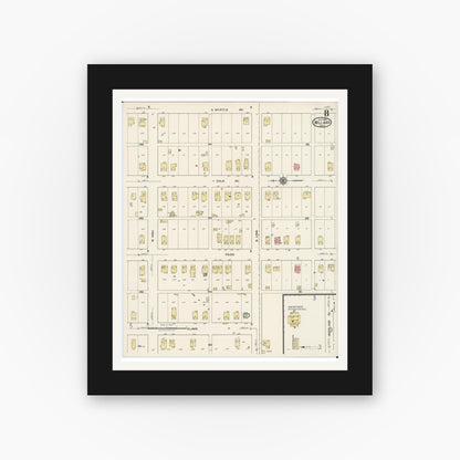 Old map wall art mockup — black gallery frame with white mat — Sanborn Fire Insurance Map from Willard, Huron County, Ohio (1922), Sheet #0008