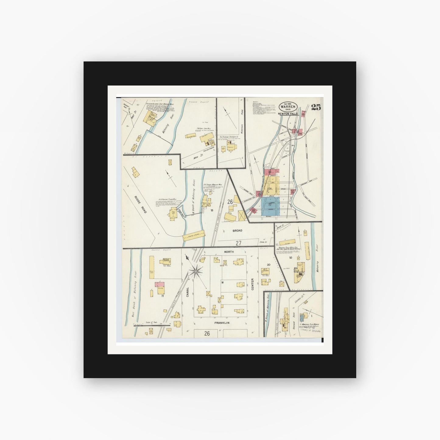 Old map wall art mockup — black gallery frame with white mat — Sanborn Fire Insurance Map from Warren, Trumbull County, Ohio (1902), Sheet #0025