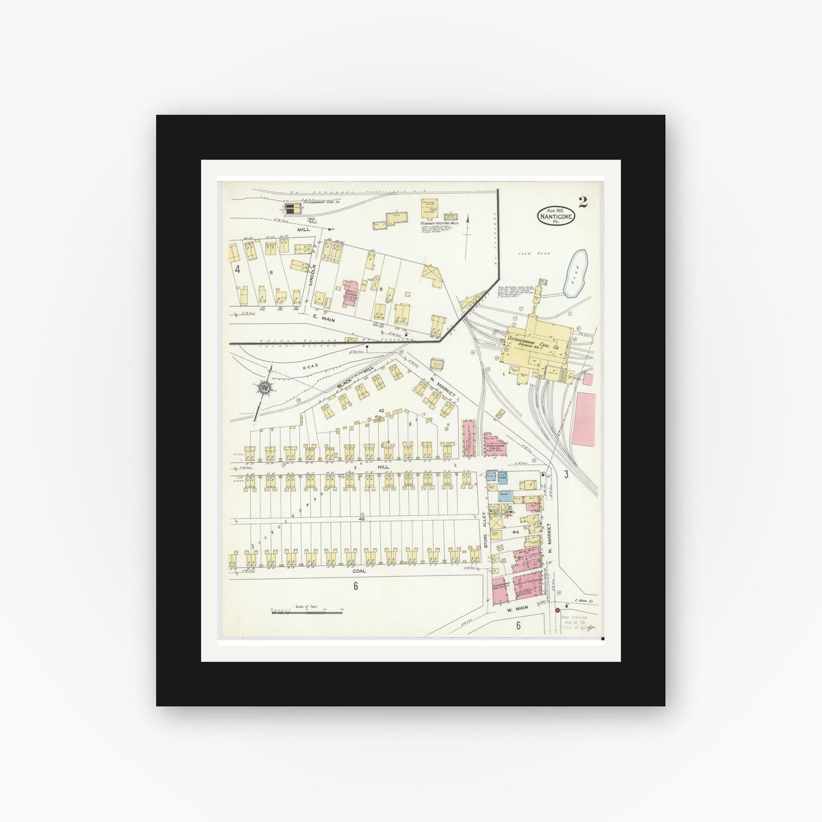 Old map wall art mockup — black gallery frame with white mat — Sanborn Fire Insurance Map from Nanticoke, Luzerne County, Pennsylvania (1912), Sheet #0002