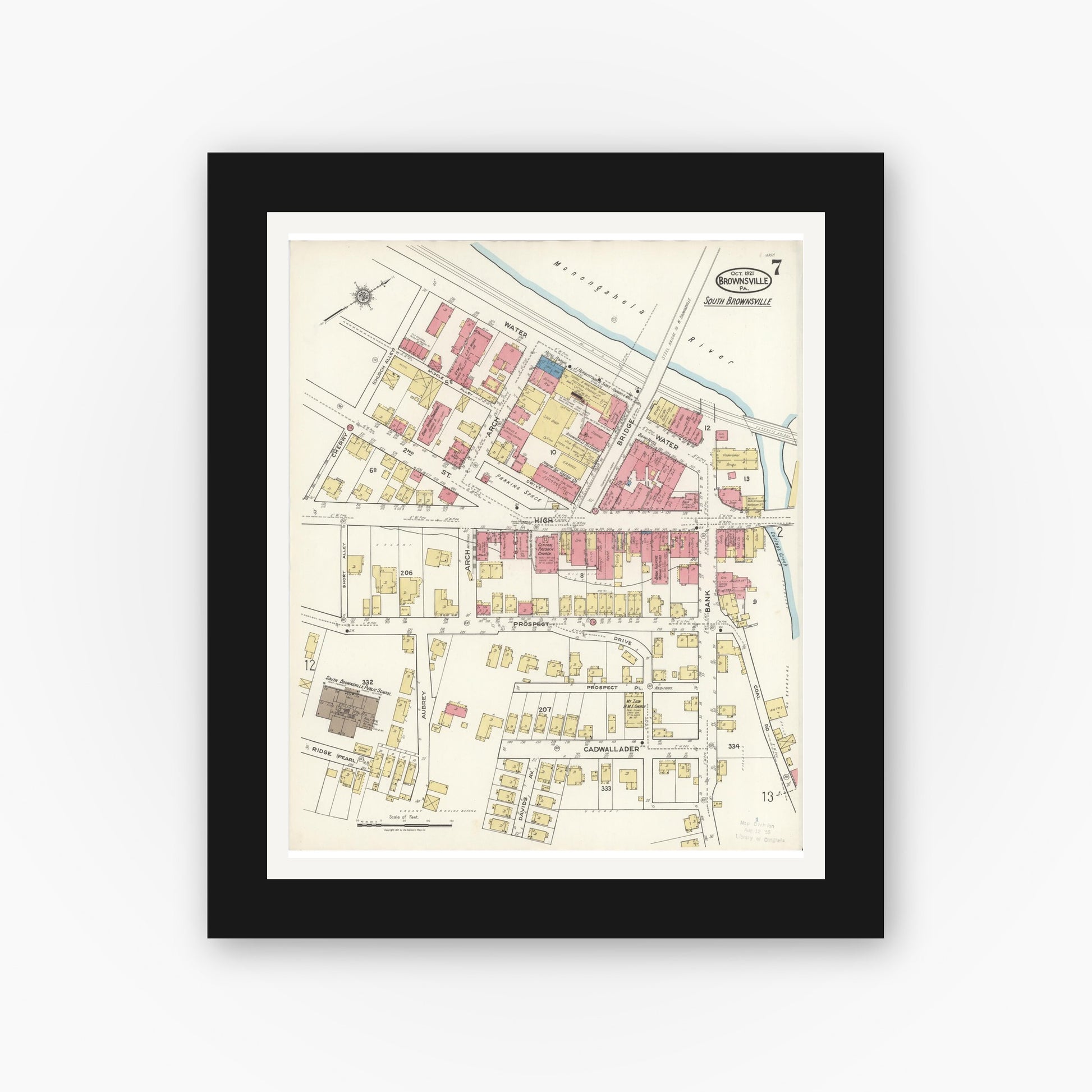 Old map wall art mockup — black gallery frame with white mat — Sanborn Fire Insurance Map from Brownsville, Fayette County, Pennsylvania (1921), Sheet #0007