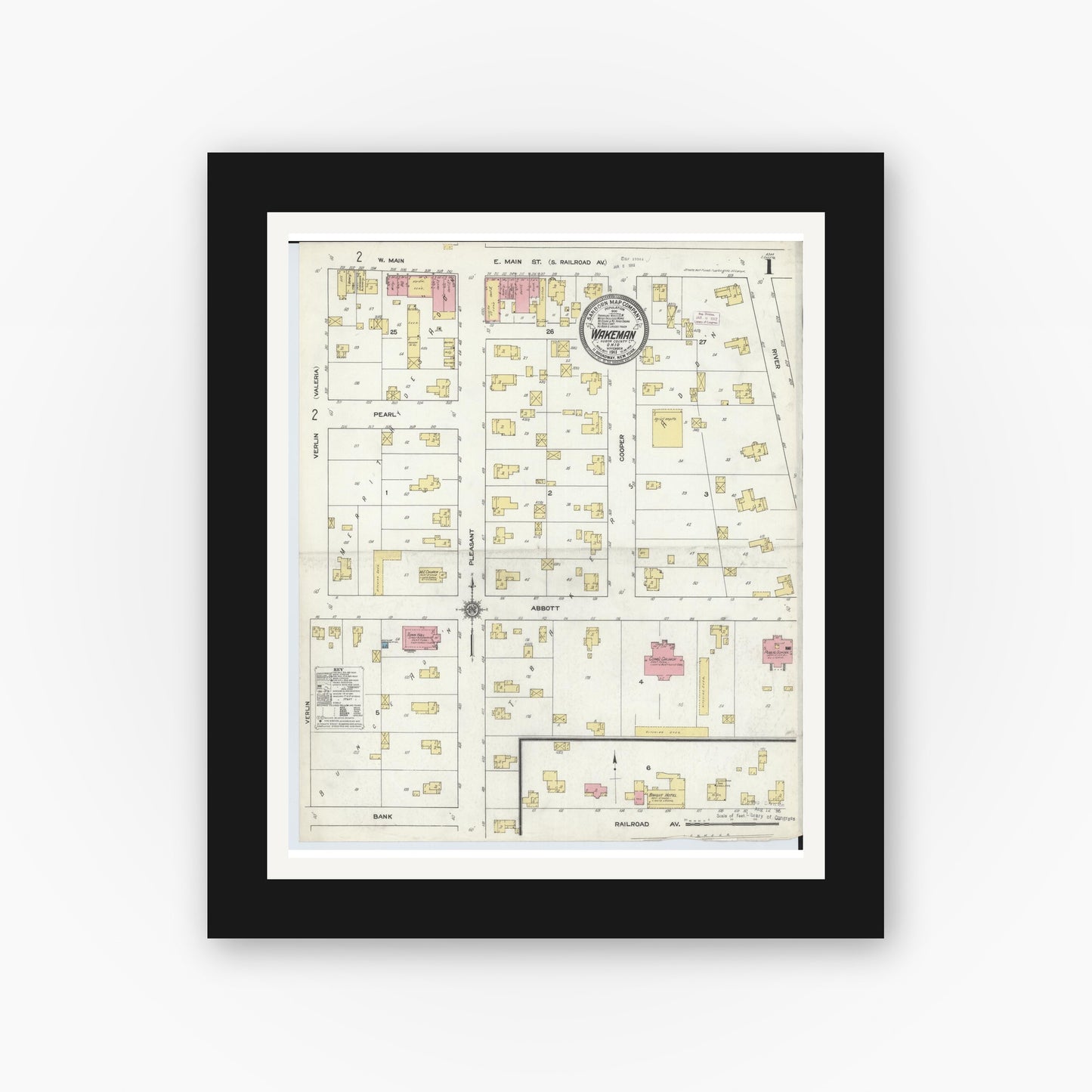 Old map wall art mockup — black gallery frame with white mat — Sanborn Fire Insurance Map from Wakeman, Huron County, Ohio (1911) - Complete Map Set