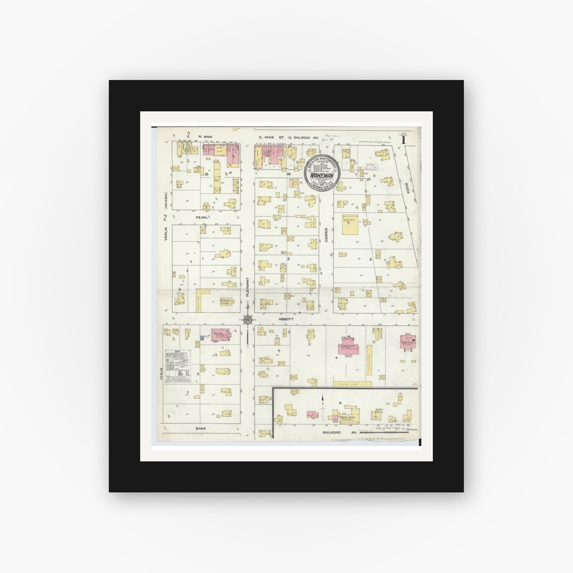 Old map wall art mockup — black gallery frame with white mat — Sanborn Fire Insurance Map from Wakeman, Huron County, Ohio (1911) - Complete Map Set