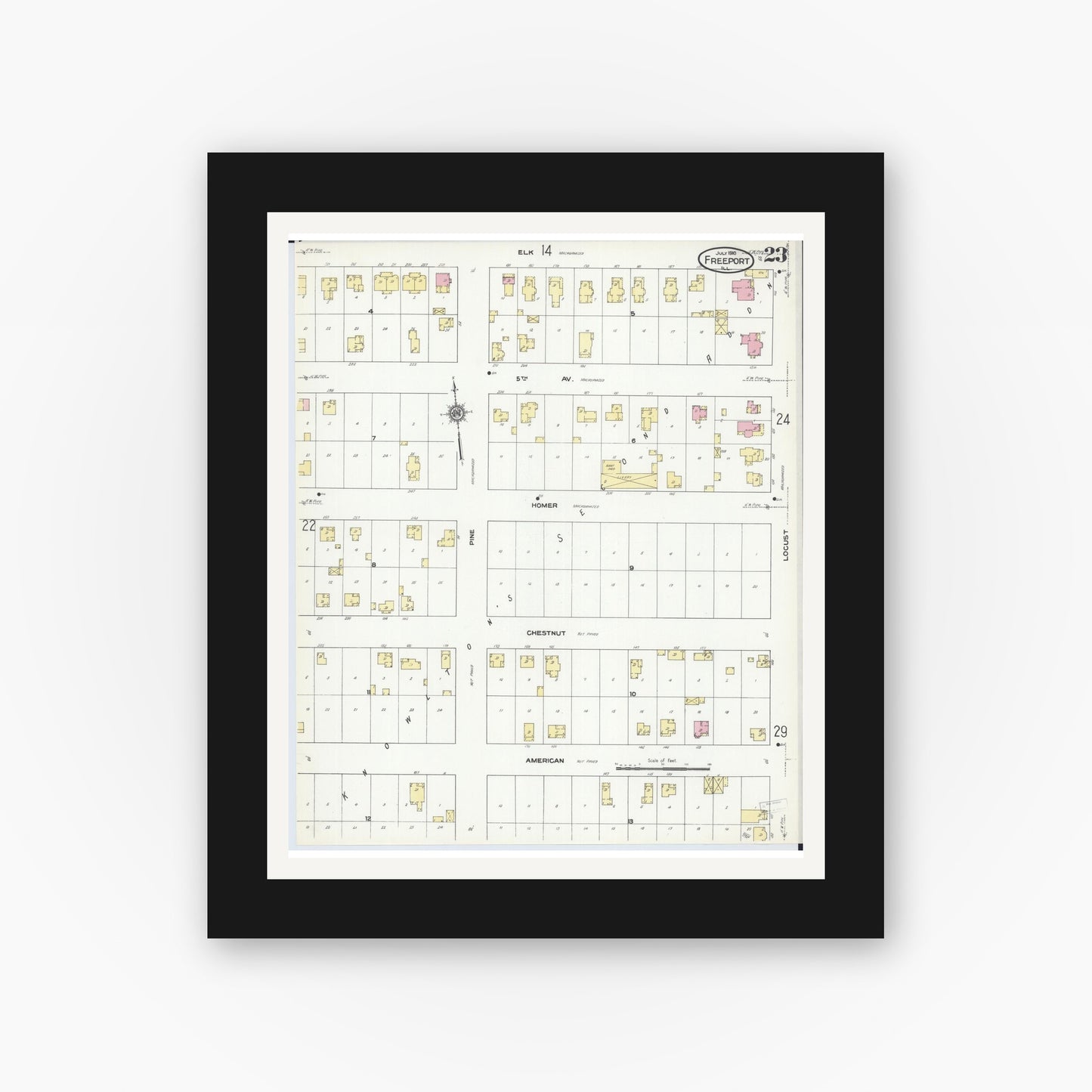 Old map wall art mockup — black gallery frame with white mat — Sanborn Fire Insurance Map from Freeport, Stephenson County, Illinois (1910), Sheet #0023