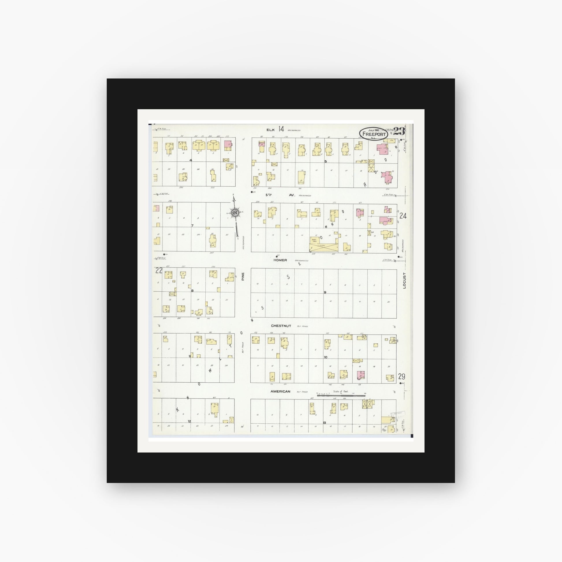 Old map wall art mockup — black gallery frame with white mat — Sanborn Fire Insurance Map from Freeport, Stephenson County, Illinois (1910), Sheet #0023